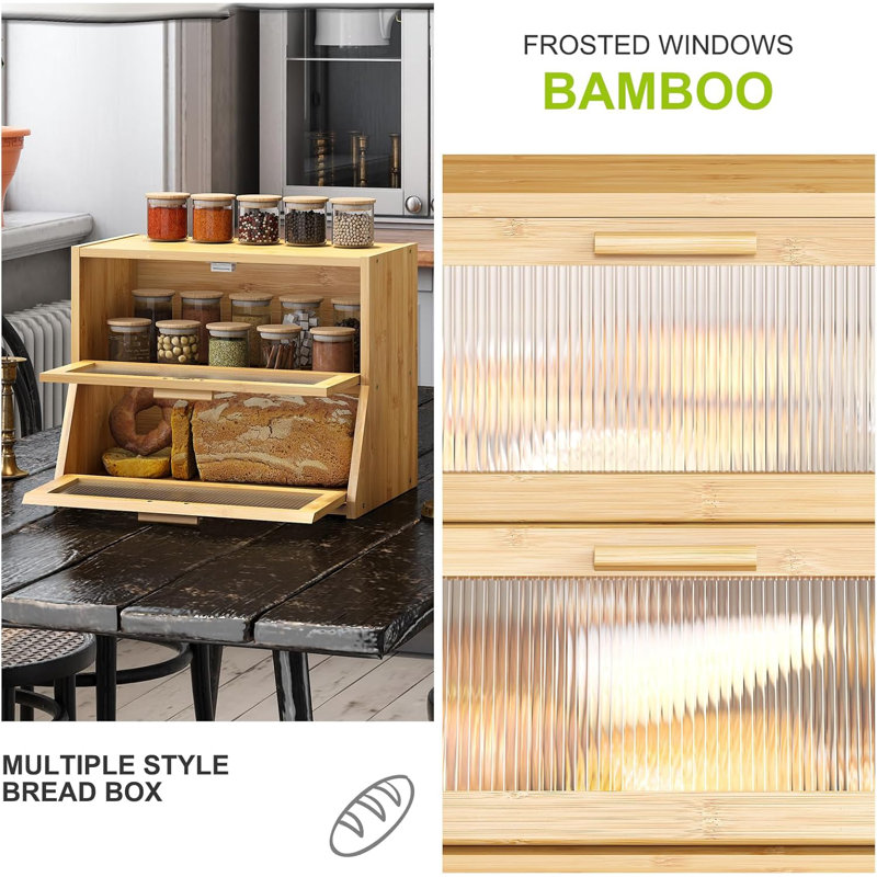 Large Natural Bamboo Double Layer Bread Box with Acrylic Doors