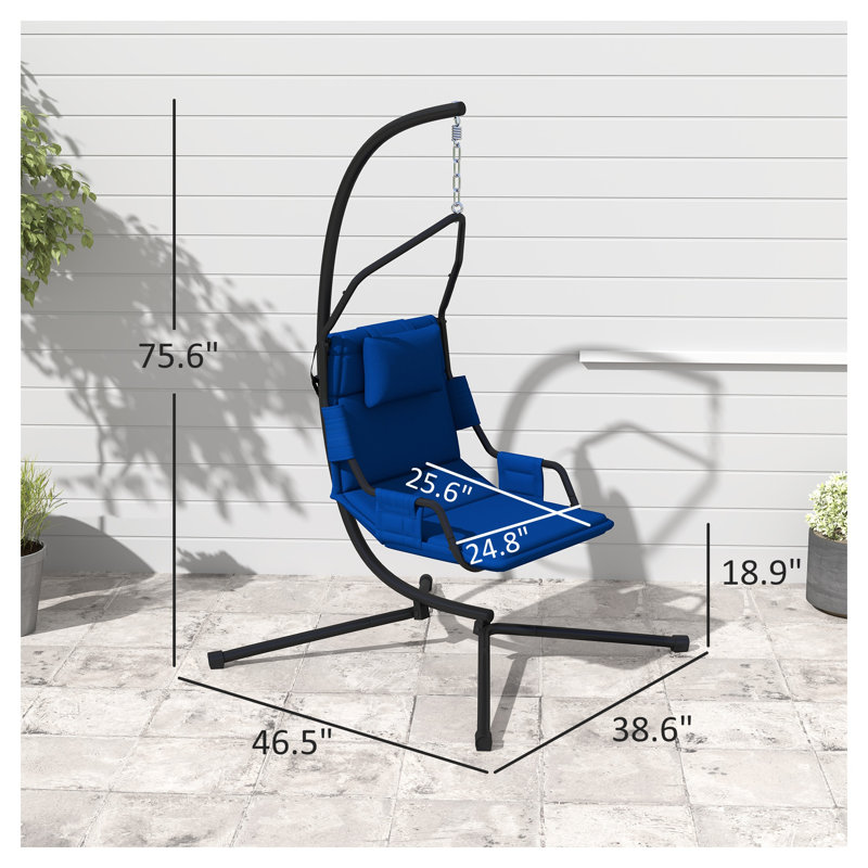 Balancelle suspendue avec structure et support en acier, fauteuil hamac avec accoudoirs rembourrés, tissu Oxford noir et bleu foncé
