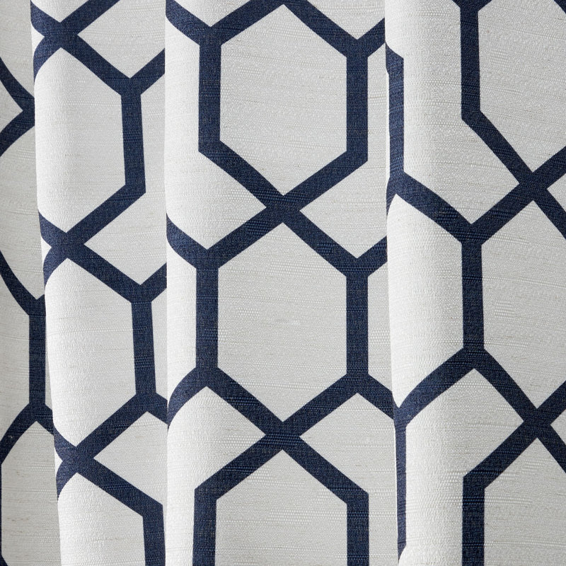 Indigo Blue Geometric Print Linen Blend Rod Pocket Drapes, 54" x 84"
