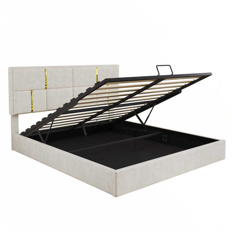 Grand lit plateforme tapissier avec système de rangement hydraulique, aucun sommier nécessaire, Beige