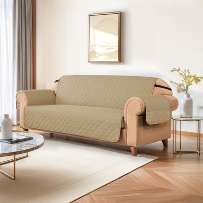 Loveseat Couch Cover for 2 Cushion Couch, Non-Slip Sofa Slipcover for Dogs, Furniture Protector Cover with Foam Sticks Elastic Straps for Pet Cat (Khaki)