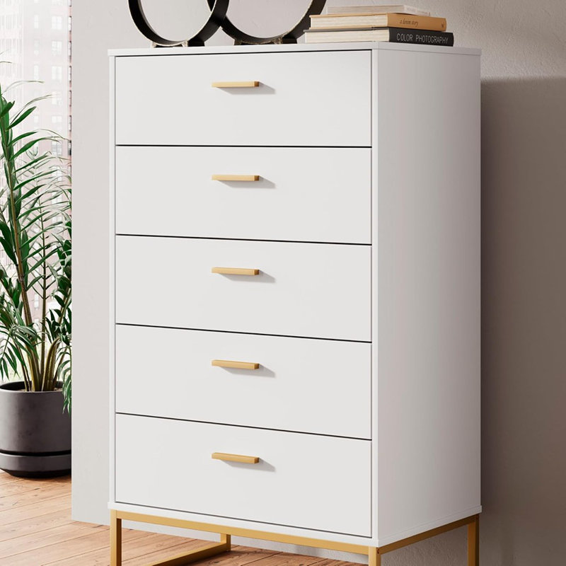 Commode moderne à 5 tiroirs avec arrêt de sécurité, blanc