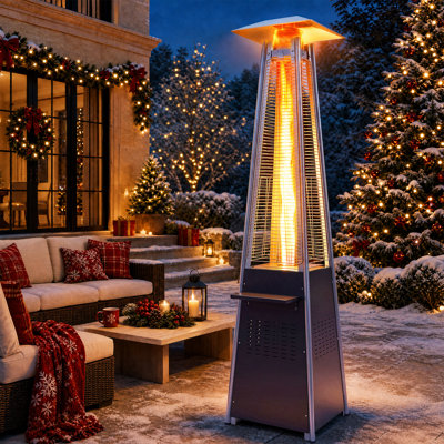 88 Inch Pyramid Patio Heater with Table, Wheels & Cover, 48,000 BTU Propane Outdoor Heater with 360° Glass Flame, Movable Standup Heater for Backyard Deck Poryard Poolside & Outdoor Parties, Black