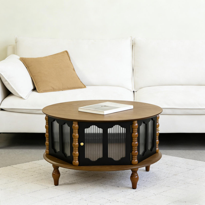 Round 3-Door Storage Coffee Table with Reeded Glass Doors, Brown