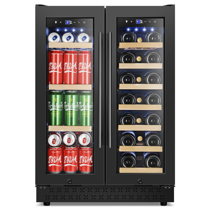 24 Inch Wine And Beverage Refrigerator, Dual Zone Wine Beverage Cooler 24" With French Door, Under Counter Wine Beer Fridge Built-In Or Freestanding, Holds 20 Bottles And 88 Cans, Black