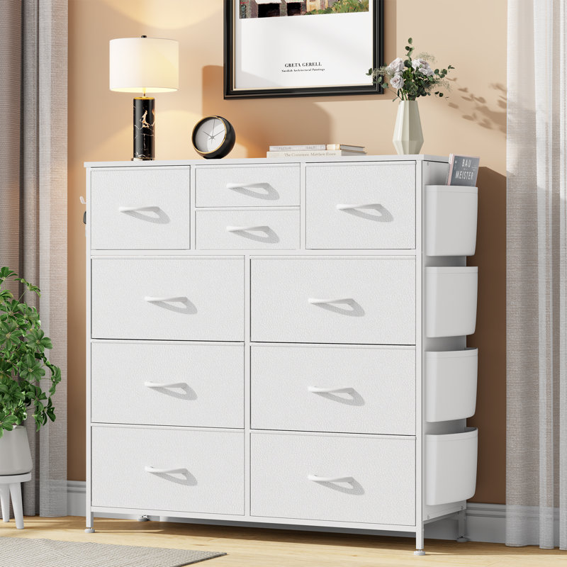 Sienna-Marie 10-Drawer Dresser for Bedroom with Side Pockets & Hooks, Wide Chest of Drawers with Fabric Bins & Metal Frame, Storage Organizer for Closet, Living Room, Dorm, Rustic Wood Top