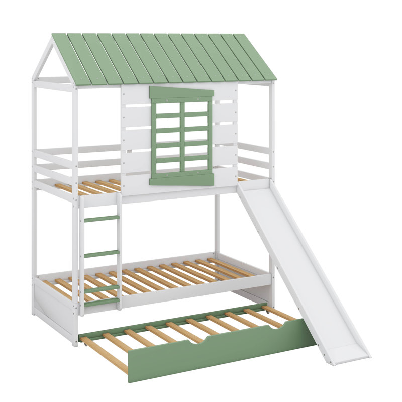 Twin-Over-Twin Bunk Bed With House-Themed Design, Boasting A Transformable Slide And Trundle Bed
