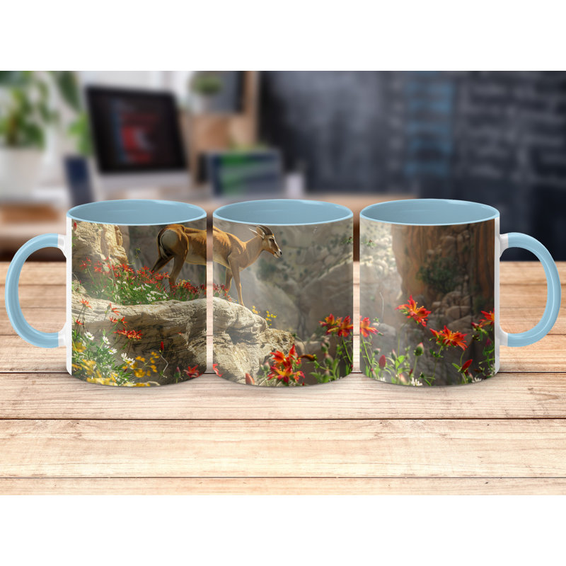 Set of 4 Animal Design 11oz Accent Mugs – Ceramic Coffee Cups with a Light Blue Handle and Interior