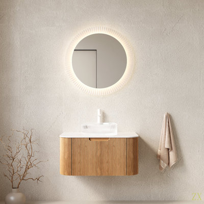 DINA 30" Bathroom Vanity With Sink, Wall-Mounted Floating Curved Edges Striped Storage Cabinet With Drawer, Transparent Round Glass Basin And Countertop, Pre-Assembled