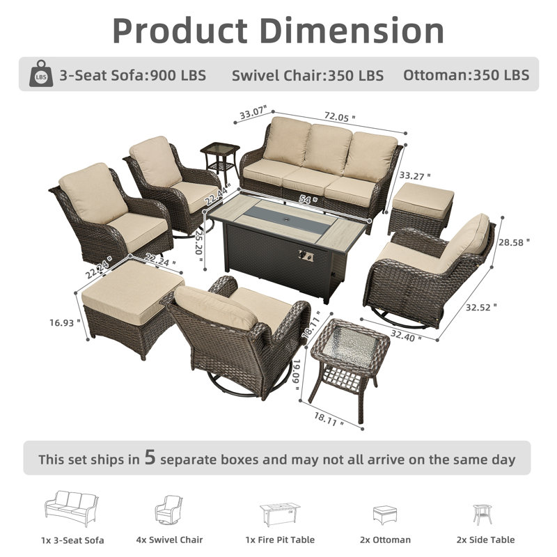 7 - Person Wicker Outdoor Conversation Set, Patio Sofa & Swivel Chair Set with Fire Pit and Cushions