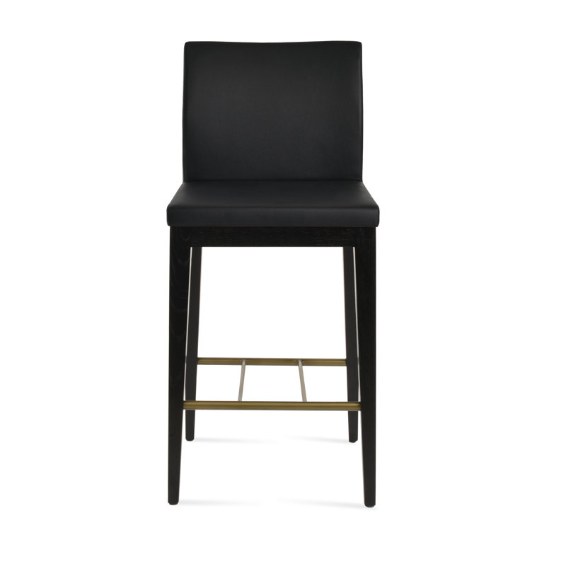 Tabouret de bar et de comptoir en bois de frêne noir Aria, Cuir véritable noir, Hauteur de l'assise: 24 po