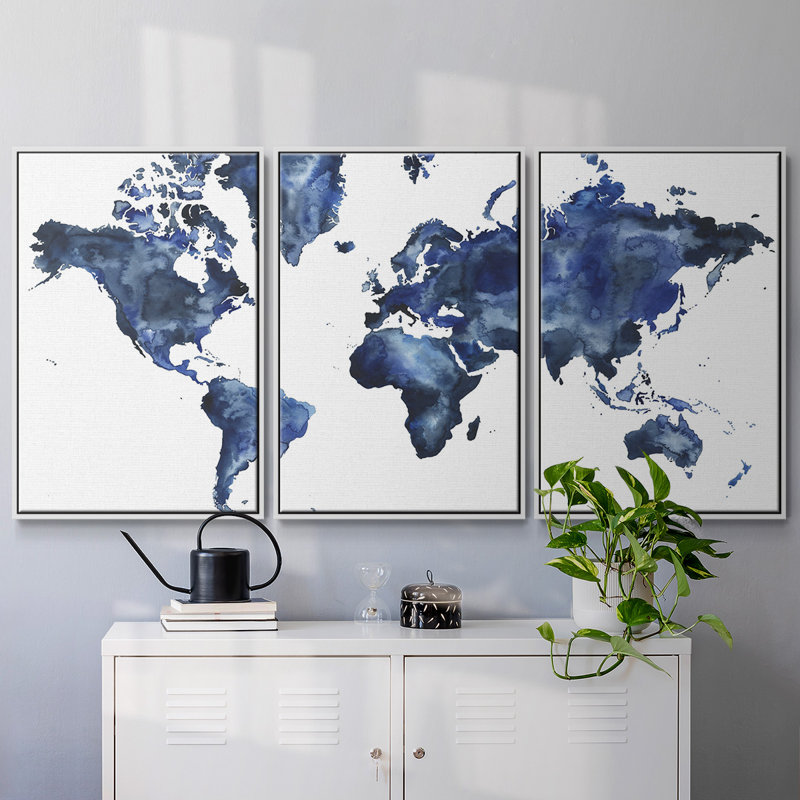 «Water World I», peinture sur toile 3 pièces, H 40 po x l 78 po, Cadre blanc