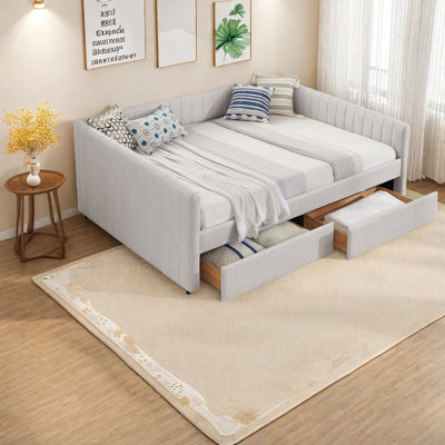 Lit Queen Size avec rangement, lit de jour moderne en lin et MDF pour la maison et la famille