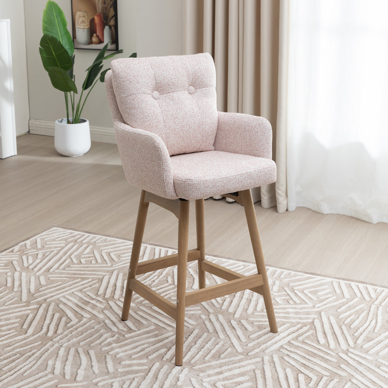 Swivel Upholstered Counter Stool with Solid Wood Frame, Beige