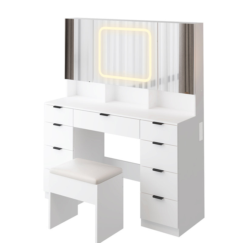 Ensemble de coiffeuse avec 3 miroirs et lumières DEL, Noir, noir, noir, noir, Blanc