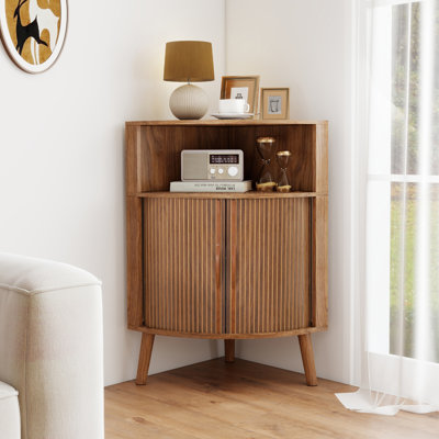 Corner Accent Cabinet With 2 Fluted Door , Freestanding Corner Storage Shelf For Living Room, Kitchen, Bathroom