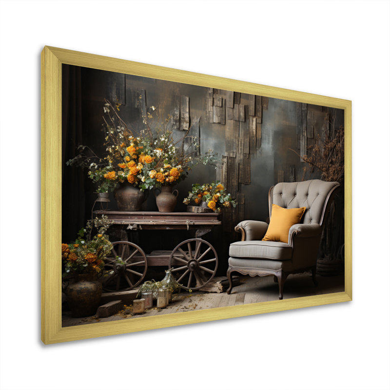" Country Charm Rustic Serenity ", 12" H x 20" W x 1" D, Gold Single Picture Framed