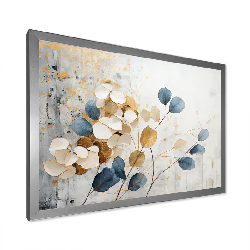 «Beige and Gold Florouring Flora Wonders I», art mural plantes, Cadre simple argenté, H 24 po x l 32 po x P 1 po