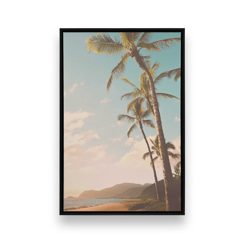 «Soft Sunset Palms», reproduction d'art sur toile, 12 po x 18 po, Cadre flottant noir satiné