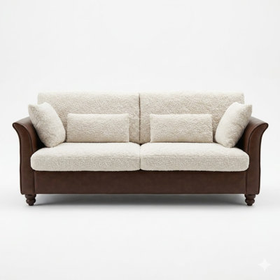 Modern Sherpa Upholstered Sofa Couch with Faux Leather Arms, Mid-Century Living Room Sofa, Deep Seat Comfy Loveseat for Apartment, Bedroom & Office, Cream White/Brown