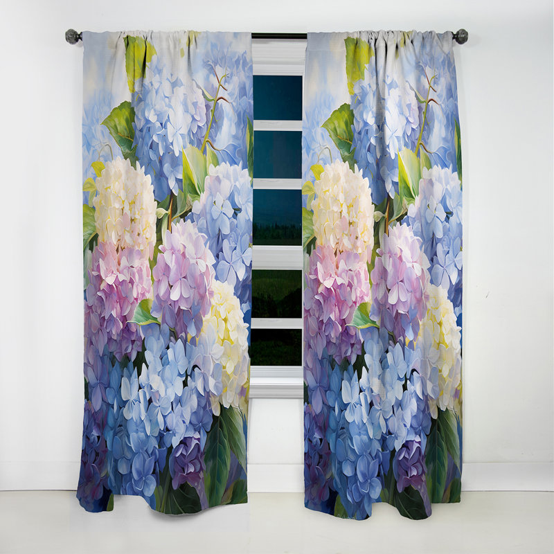 Rideau occultant floral bleu hortensia bleu et mauve - 1 panneaux, L 52 po x L 95 po