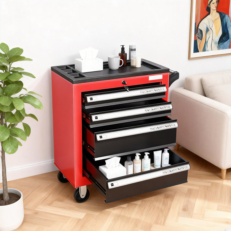 Coffre à outils à 4 tiroirs avec serrure, coffre à outils avec roulettes et plateau à outils