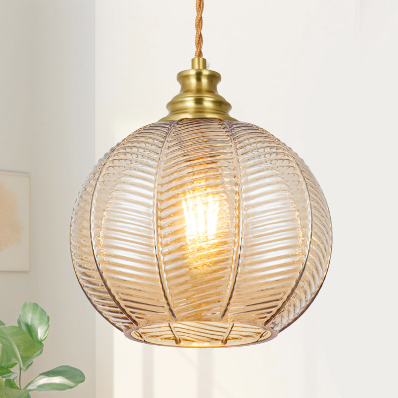  Luminaire suspendu 1 lumière avec abat-jour en verre nervuré en forme de globe pour îlot de cuisine, Ambre