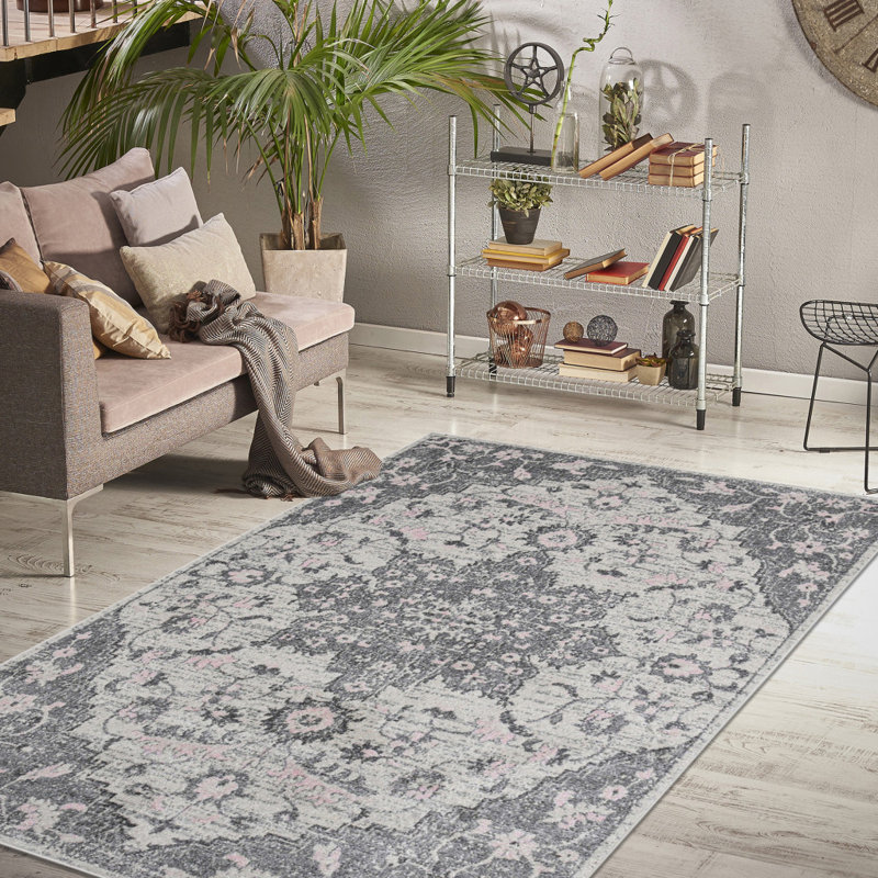 Tapis gris tissé à la machine 5 pi x 7 pi Medallion