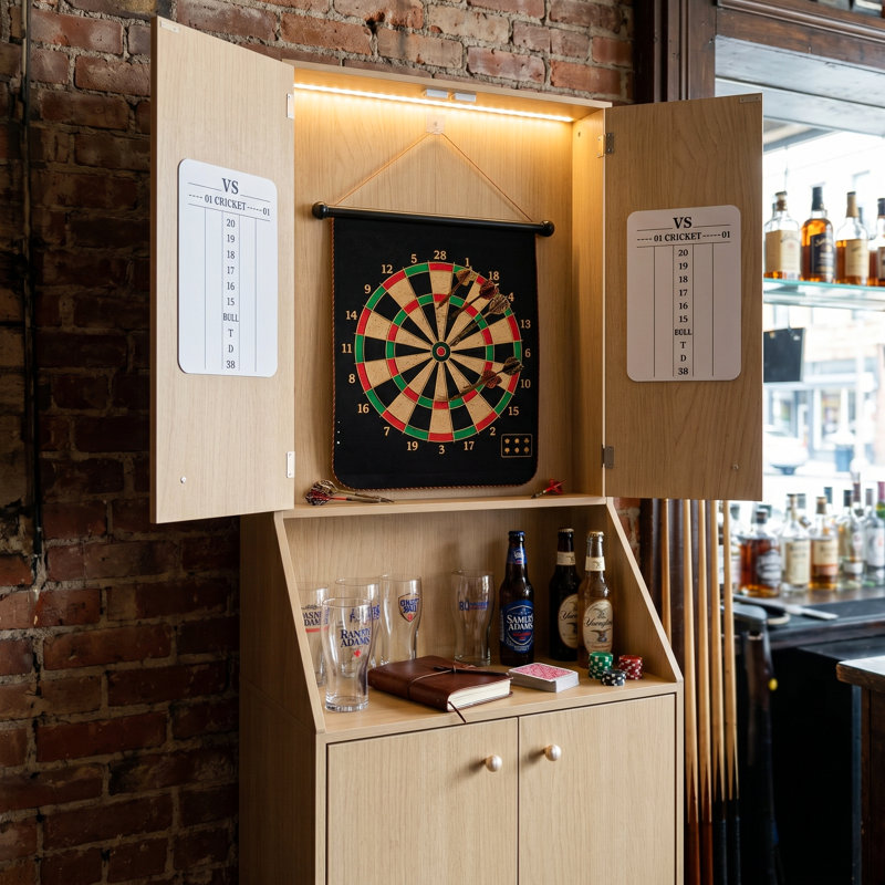 Armoire pour jeu de fléchettes avec jeu de fléchettes intégré, tableaux de pointage et rangement pour fléchettes