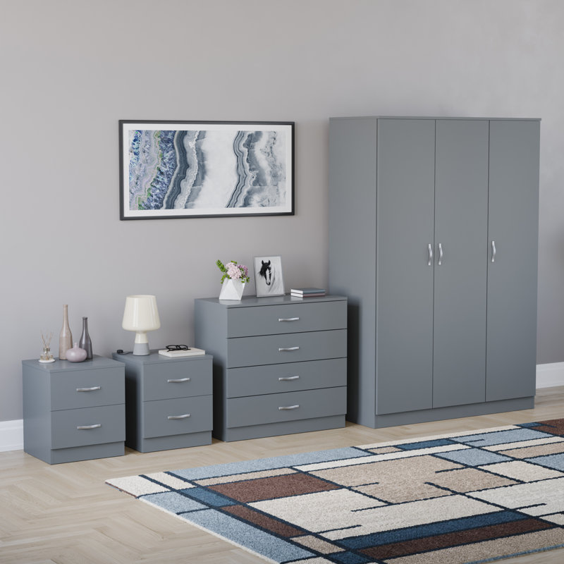 Tayce 4 Piece Bedroom Set (2 Drawer Bedside Chest X2, 4 Drawer Chest, 3 Door Wardrobe), Grey