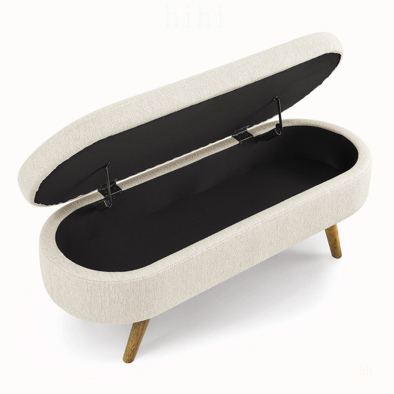 Banc ottoman de rangement ovale avec pieds en bois d'hévéa, tissu beige, solution d'assise et de rangement polyvalente pour n'importe quelle pièce