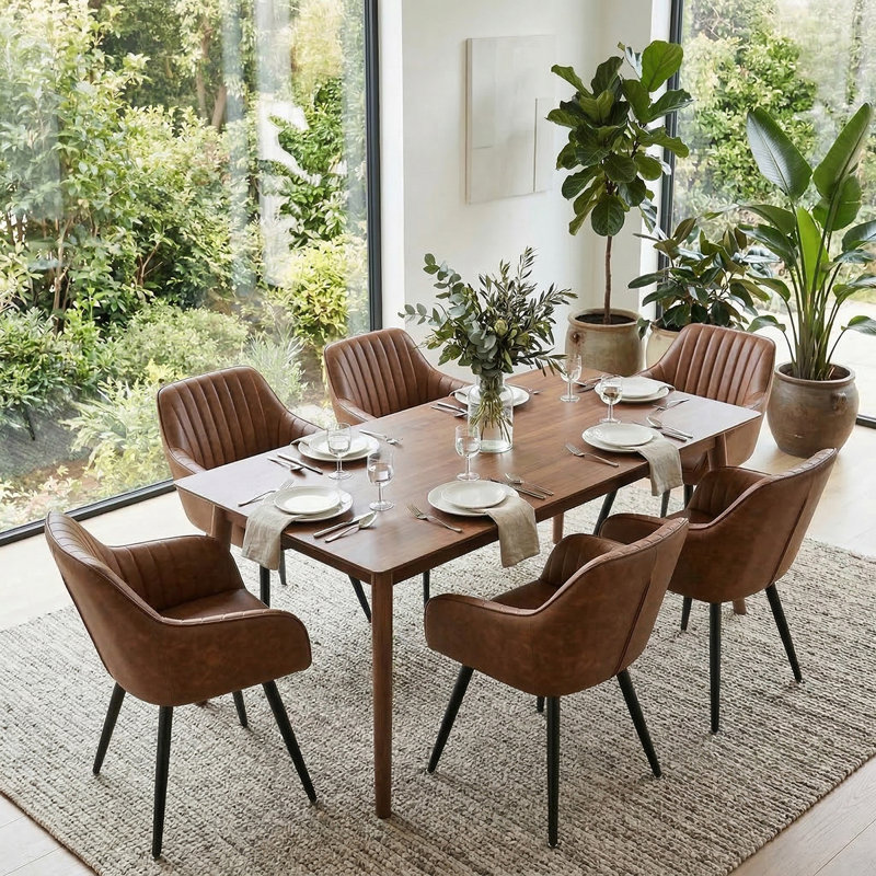 Modern Faux Leather Dining Chair with Arms, Channel Tufted Barrel Armchair, Brown