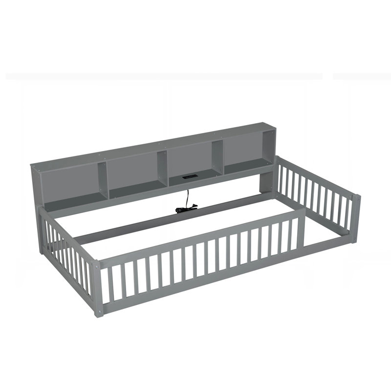 Lit en bois avec armoires de rangement et ports USB, Grey