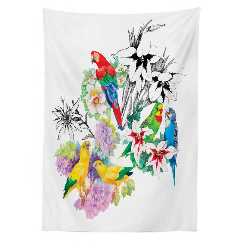 Ambesonne Parrot Tablecloth, Parrots Observing The World On Top Of Floral Foliage Garden Jungle Tropic Bird Print, Rectangular Table Cover For Dining Room Kitchen Decor, 60" X 84", Multicolor