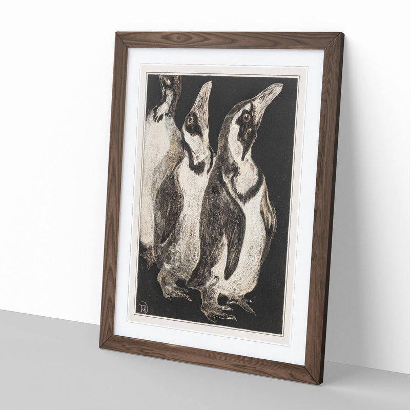 Three Penguins by Theo Van Hoytema - Picture Frame Drawing, Walnut, 65cm H x 48cm W x 2cm D