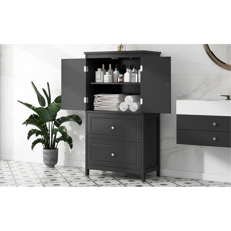Armoire de rangement pour salle de bain, armoire avec deux portes et tiroirs, tablette réglable, panneau de fibres à densité moyenne