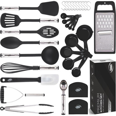 Ensemble d'ustensiles de cuisine 35 pièces avec porte-outils en nylon et en acier inoxydable Kaluns, anti-rayures, résistant à la chaleur, va au lave-vaisselle, noir