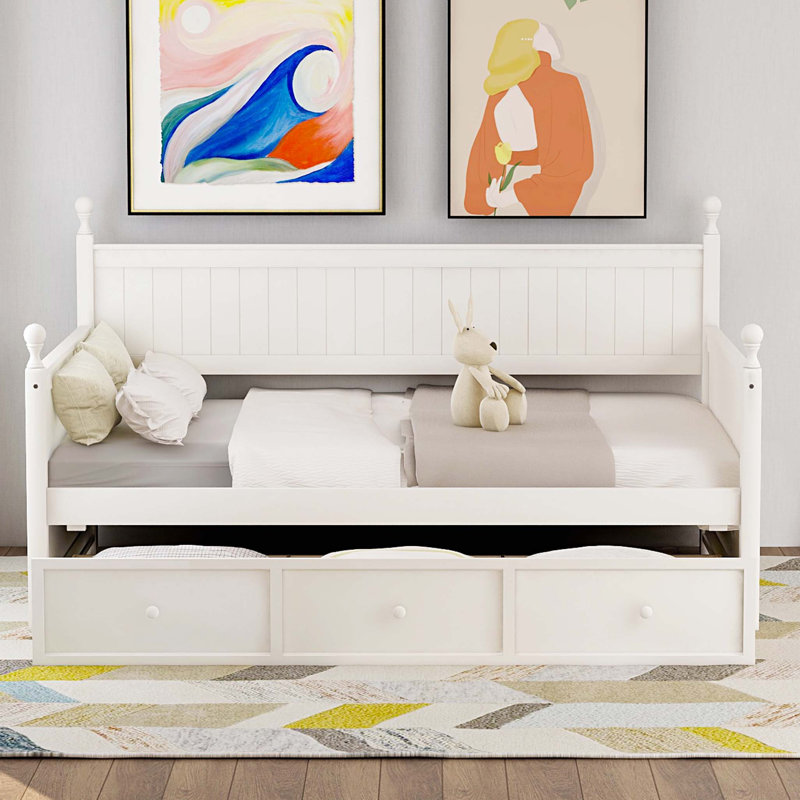 Lit de jour simple en bois avec trois tiroirs, aucun sommier nécessaire, Blanc