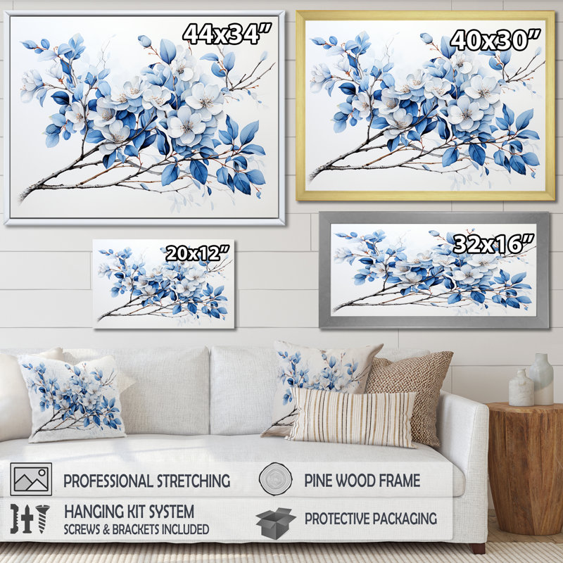 «Blue and Grey Leaves II», reproduction sur toile, Cadre flottant doré, 34" H x 44" W