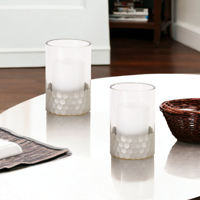 Set of Two Clear and Silver Glass Geometric Tabletop Pillar Candle Holders