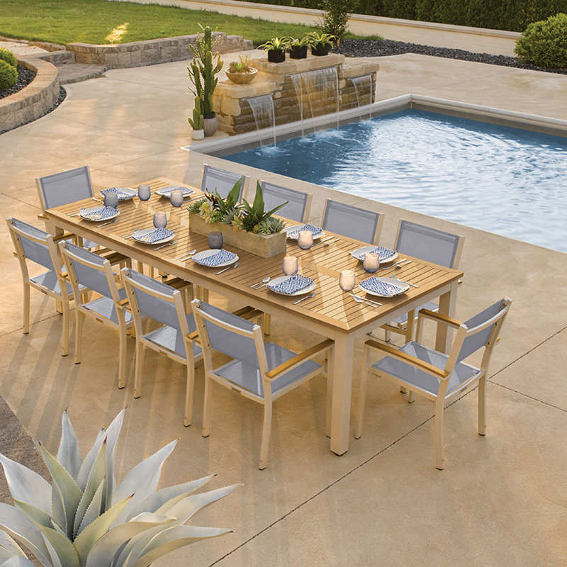 Travira Stacking Patio Arm Chair, Titanium Basketweave, Tekwood Natural, Flint