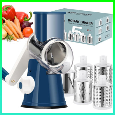 Râpe à fromage rotative 5 en 1 - Déchiqueteuse à manivelle pour fromage, légumes, noix et plus! Rapide, facile et amusant - Comprend 5 pales pour trancher, déchiqueter et râper - Bleu foncé