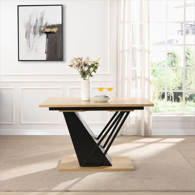 Table de salle à manger extensible, table rectangulaire géométrique moderne avec structure en métal robuste et base en panneau de fibres à densité moyenne, plateau de table réglable en bois pour la cuisine, la salle à manger et les espaces de bure