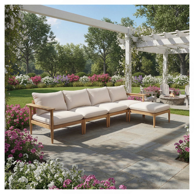 Canapé d'extérieur en forme de L en bois d'acacia, finition teck clair avec coussin beige