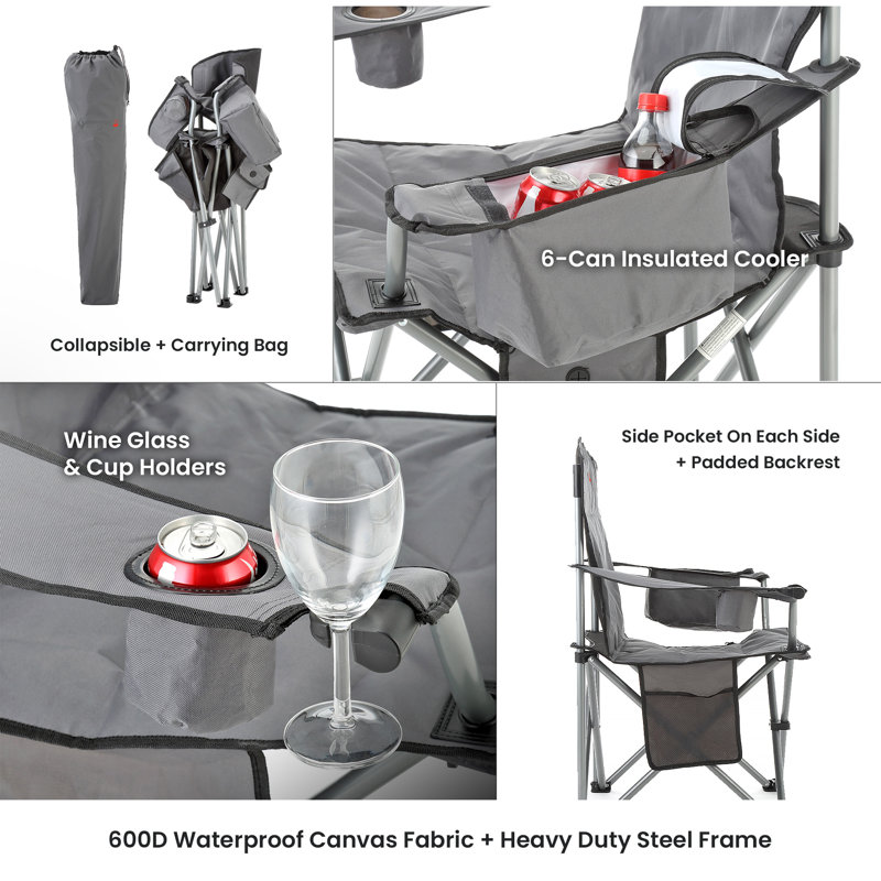 Gray Heated Folding Camping Chair with Cooler and Cup Holders
