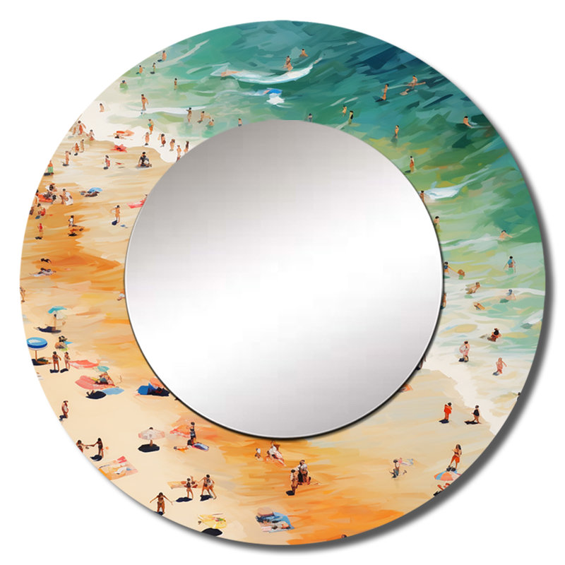 Sawvel Beach Umbrella Aerial View VI - Beach Sand Decorative Wall Mirror, Orange Large Round Mirror, Printed Metal Art