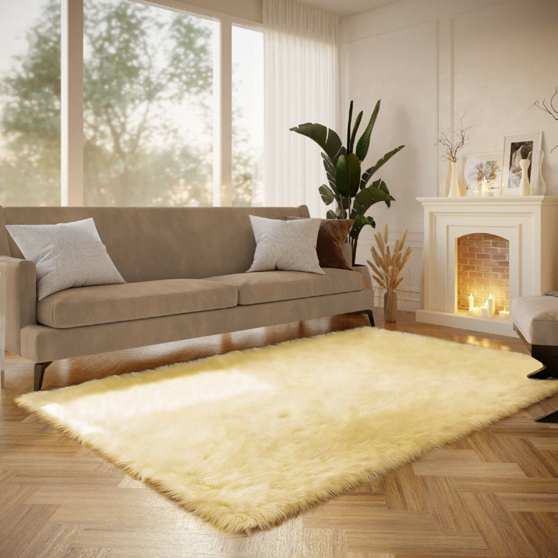 Haja Yellow Fluffy Faux Sheepskin Fur Shag Area Rug, Rectangle 8' x 10'