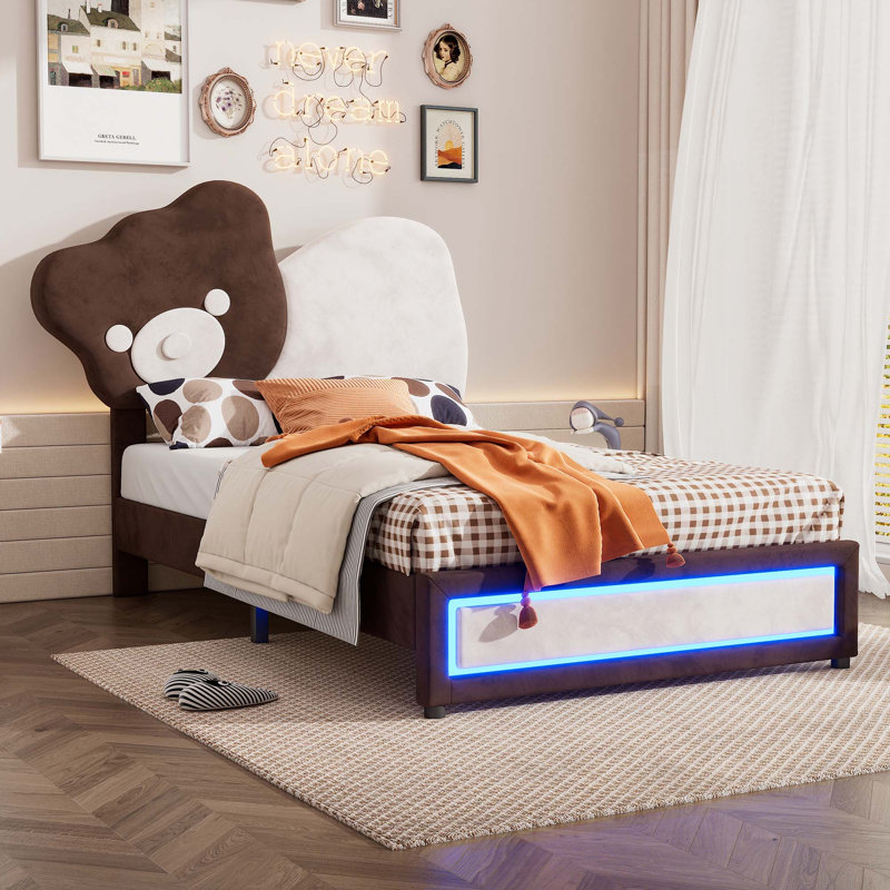 Lit plateforme tapissier avec tête de lit en forme d'ours, bandes lumineuses à DEL, Simple