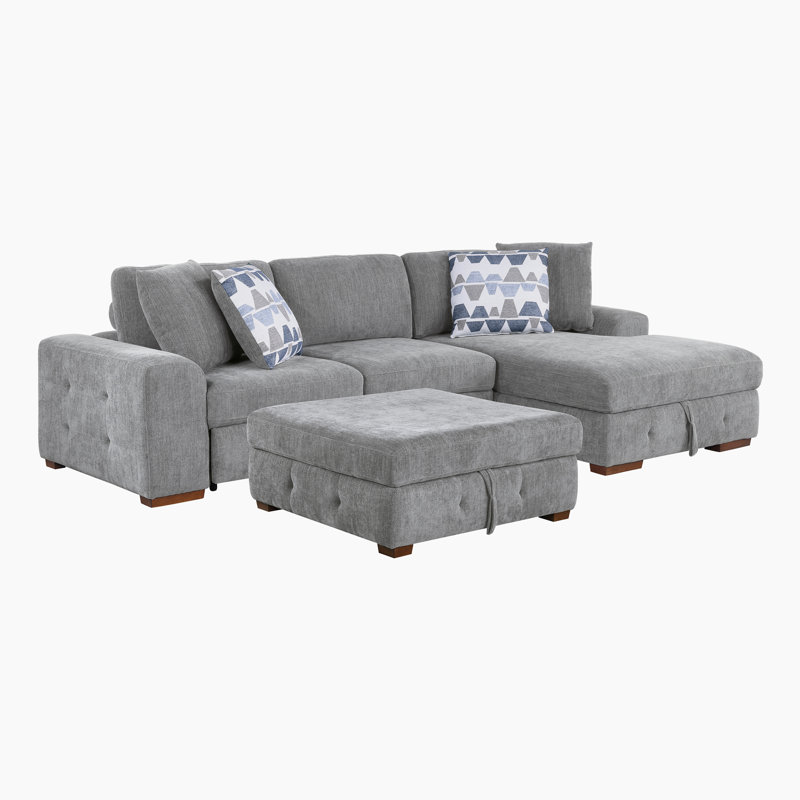 Odesser 115" W 3-Piece Chenille Sleeper Sectional, Gray Chenille, Right Hand Facing