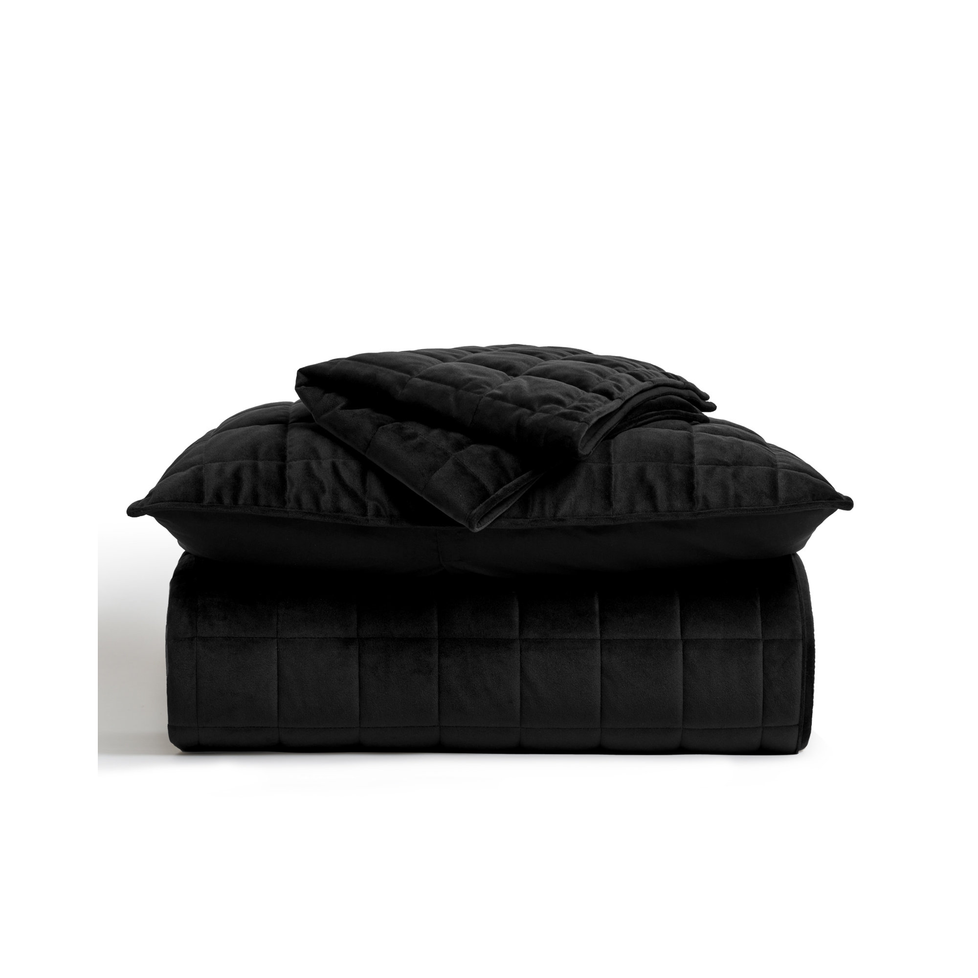 Box Stitch PearlVelvet Quilt set, King Quilt + 2 King Shams, Black